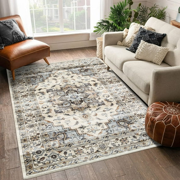 Garvee 9' x 12' Area Rug Large Vintage Persian Rugs for Living Room Bedroom Medallion Distressed Throw Rug Low Pile Non-Slip Carpet, Taupe Beige/Multi