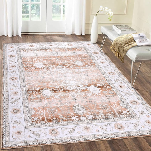 Garvee 9' x 12' Large Area Rug Vintage Floral Print Rug Farmhouse Machine Washable Rug Non Slip Non-Shedding Foldable Thin Rug Home Floor Decor, Orange