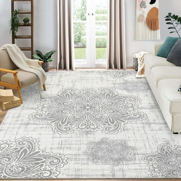 Garvee 9' x 12' Large Washable Rug Bohemian Area Rug Floral Print Rug Line Rug Non Slip Low Pile Floor Carpet for Bedroom Living Room, Grey/Beige