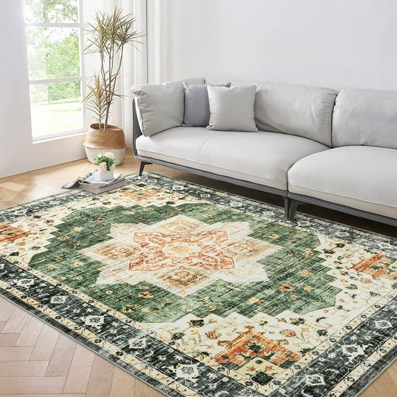 Garvee 9' x 12' Large Washable Rug Vintage Persian Rug Retro Medallion Rug Indoor Non-Slip Low Pile Carpet for Living Room Bedroom, Green