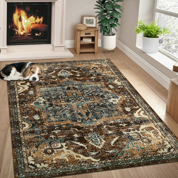 Garvee 9' x 12' Vintage Area Rugs for Living Room Large Floral Print Distressed Rug Stain Resistant Low Pile Carpet for Bedroom, Brown/Green