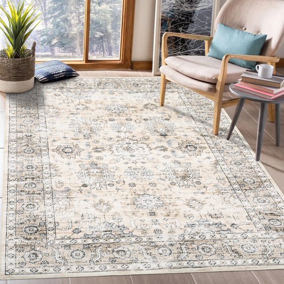 Garvee 9' x 12' Vintage Persian Area Rug Washable Large Rugs Floral Distressed Rug Low Pile Non-Slip Throw Rugs for Living Room Bedroom, Beige