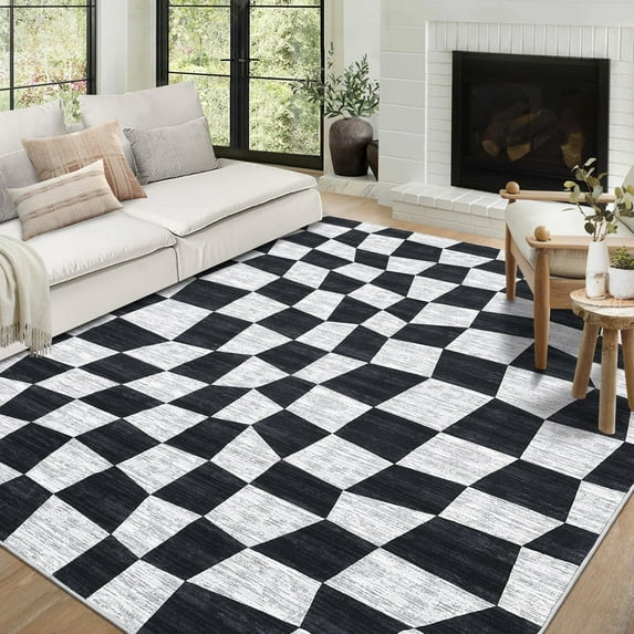 Garvee 9'x12' Area Rug Modern Checkered Large Rug Washable Non-Slip Low Pile Soft Foldable Rugs for Living Room Bedroom, Black