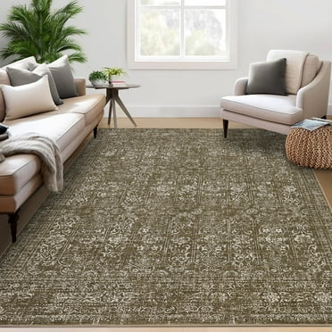 Garvee 9'x12' Area Rug Vintage Washable Rug Floral Distressed Print Rug Stain-Resistant Non-Shedding Carpet for Dining Room Home Office, Brown
