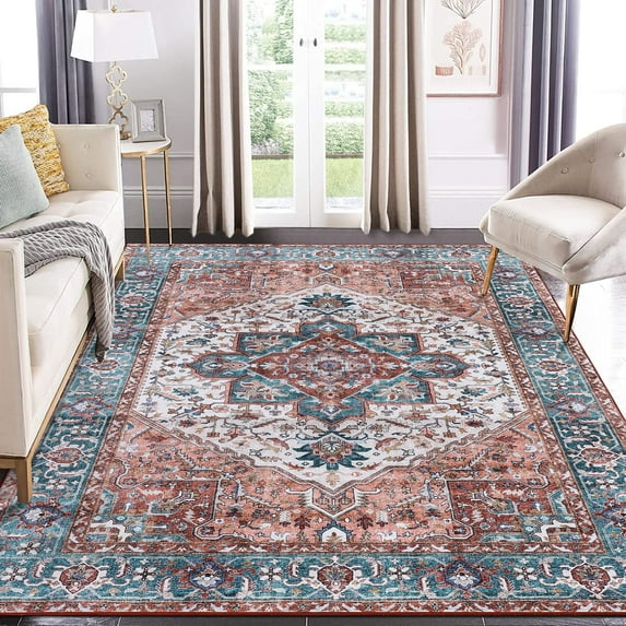 Garvee 9'x12' Area Rugs for Living Room Bedroom Vintage Floral Print Rug Boho Distressed Rugs with Anti-Slip Backing Soft Foldable Rug, Orange