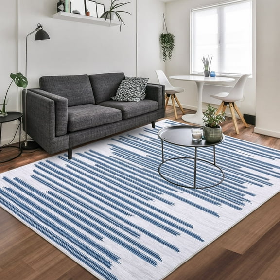 Garvee 9'x12' Large Modern Berber Stripe Area Rug Indoor Low Pile Non-Slip Throw Rug Soft Washable Rugs for Living Room Bedroom, Blue Beige