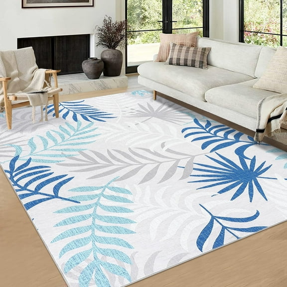 Garvee 9'x12' Modern Botanical Rug Leaves Rugs for Living Room Bedroom Large Washable Soft Foldable Area Rug Floor Carpet, Blue