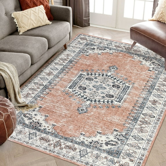 Garvee 9'x12' Washable Vintage Area Rug Living Room Rug Vintage Persian Large Print Rug Non Slip Low Pile Throw Rugs for Bedroom, Orange