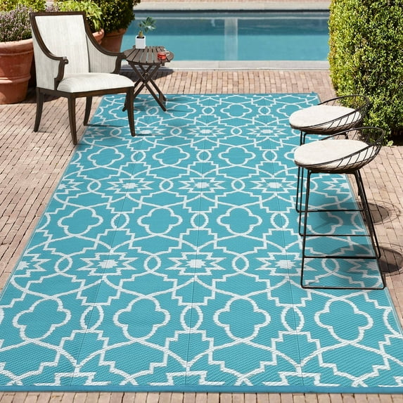 Garvee 9'x18' Large Outdoor Rug Weatherproof Reversible Rug Plastic Straw Area Rug Modern Geometric Rugs for Camping Patios Deck Balcony, Light Blue White