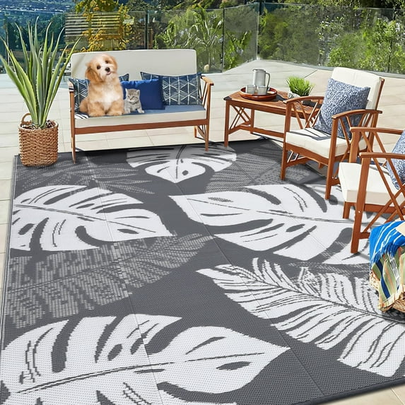 Garvee 9'x18' Outdoor Rugs Modern Leaves Pattern Reversible Plastic Straw Rug Waterproof Camping Rug for Patio RV Beach Deck, Gray White