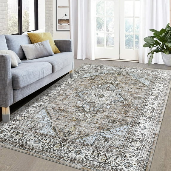 Garvee 9x12 Area Rug Large Vintage Distressed Rug Medallion Floral Print Rug Machine Washable Area Rugs for Living Room Bedroom Non-Slip Low Pile Accent Rug, Taupe