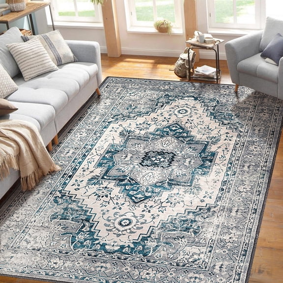 Garvee 9x12 Large Area Rug Floral Rug Traditional Medallion Area Rug Ultra Soft Non-Slip Non-Shedding Washable Rug for Dining Room Home Office, Blue/Grey