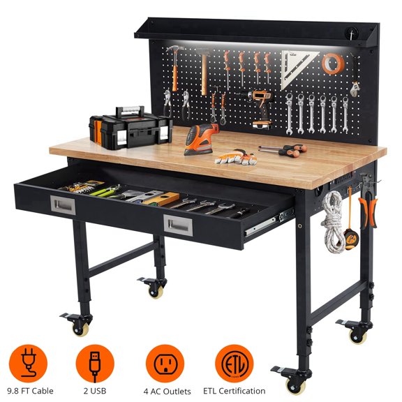 Garvee Adjustable Height Workbench with Casters 48"x24", Heavy Duty Work Station for Garage