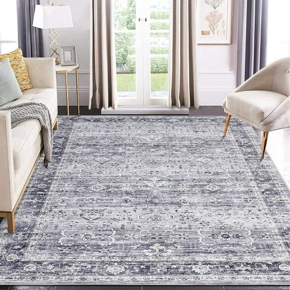 Garvee Area Rug 5'x7' Vintage Floral Print Rugs for Living Room Non-Slip Stain-Resistant Throw Rugs Home Decor, Blue Gray