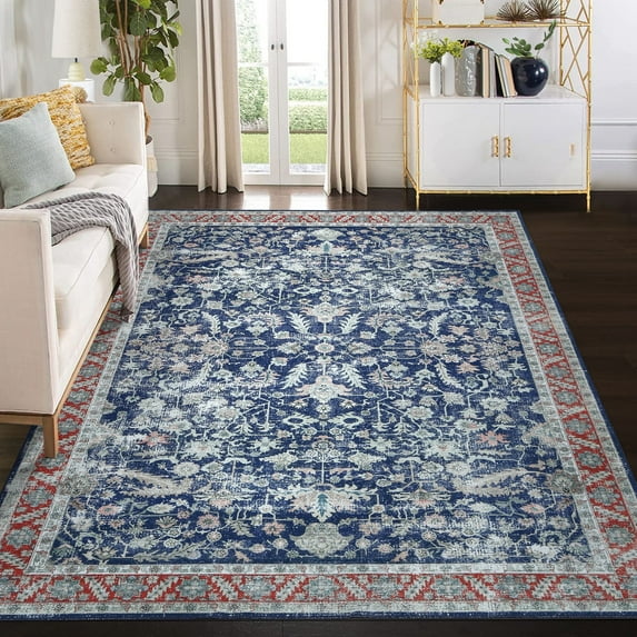 Garvee Area Rug 8' x 10' Vintage Persian Floral Rug Machine Washable Rug Distressed Print Floor Carpet for Living Room Bedroom Dorm, Blue