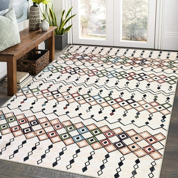 Garvee Area Rug 8x10 Living Room Bedroom Rug Moroccan Print Rug Indoor Boho Farmhouse Rug Soft Faux Wool Throw Carpet, Beige