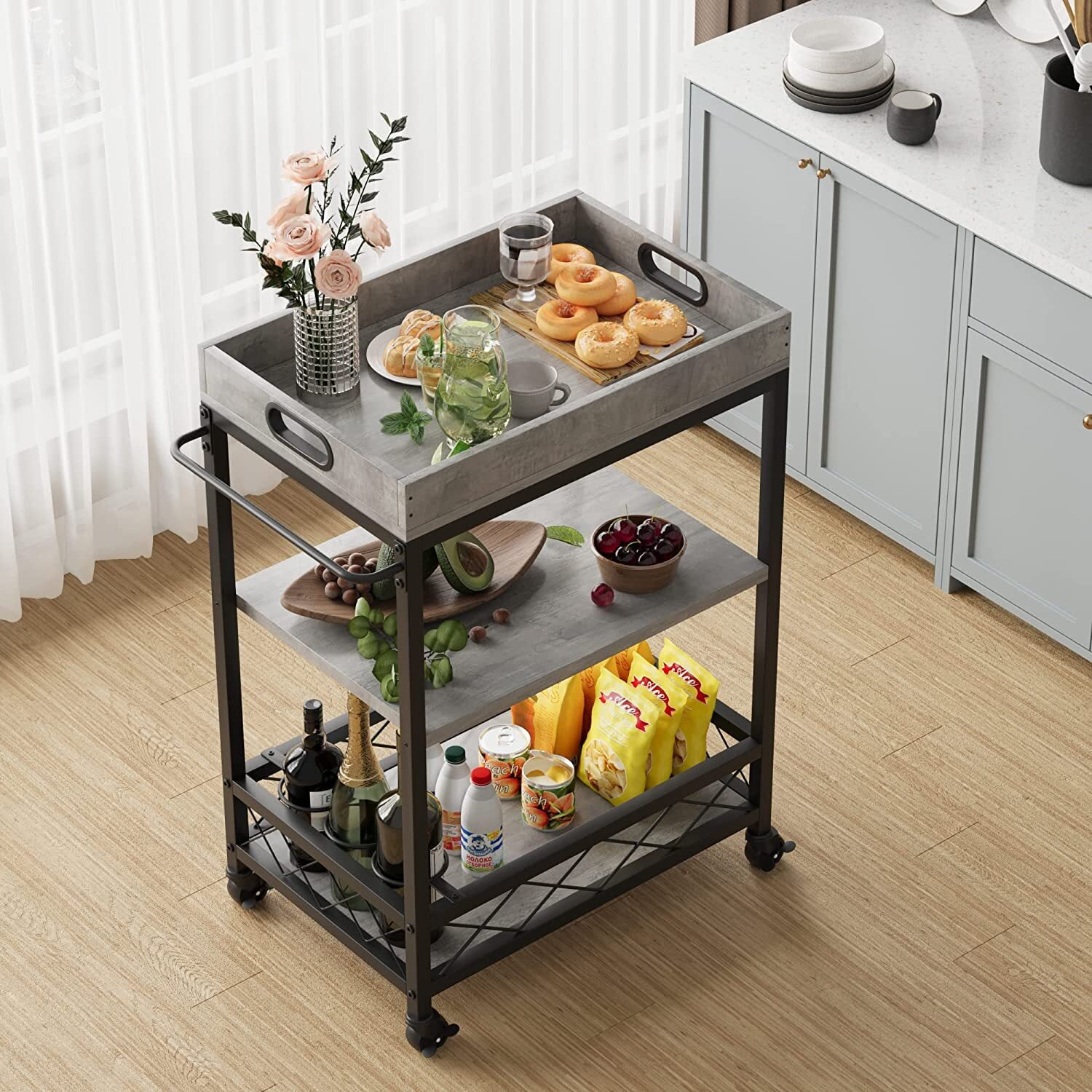 WhizMax Bar Cart, Bar Carts for The Home, Bar Carts on Wheels, 3 Tier Bar Cart with Wine Rack