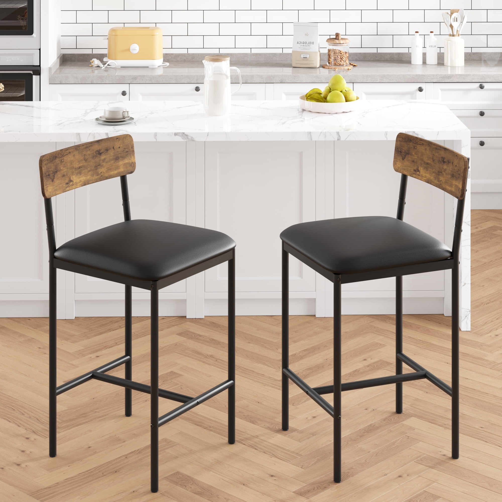 WhizMax Bar Stools Set of 2 Kitchen Bar Stools with Footrest 25.5 Inches Upholstered Bar Chairs with Back Counter Height Barstools for Counter Bar