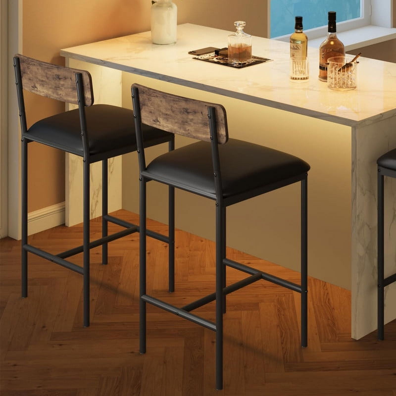 Rustic Brown and Black Metal Upholstered Bar Stools, Set of 2