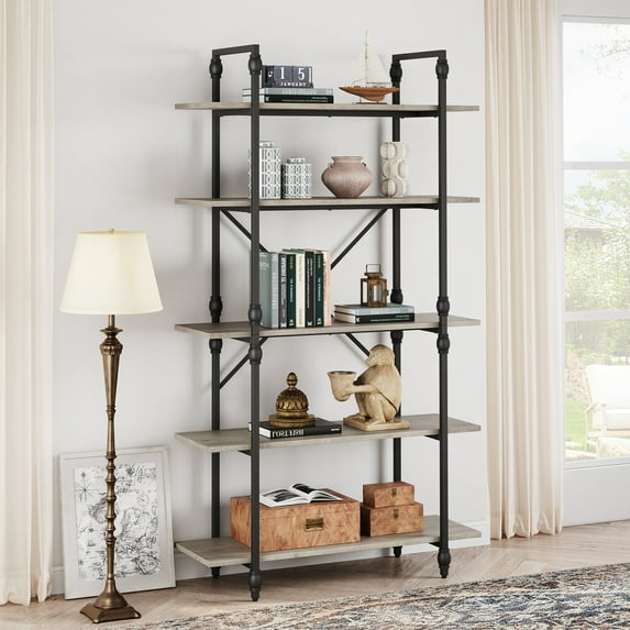 WhizMax Bookcase, 5 Tier Open Wooden Bookcase, Narrow Bookcase with Roman Columns, Living Room Bookcase, Industrial Design, Bookcase, Vertical Bookcase for Living Room, Bedroom, Office