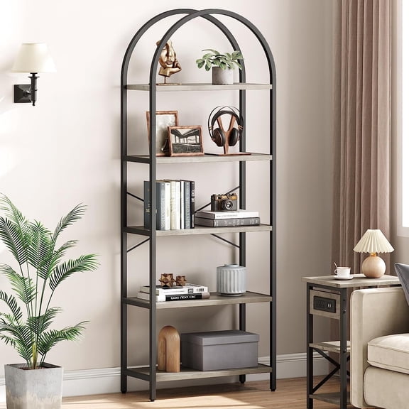 WhizMax 5-Tier Arched Bookshelf, Tall Metal Frame Farmhouse Bookcase, Freestanding Display Storage Rack for Living Room & Home Office, Grey