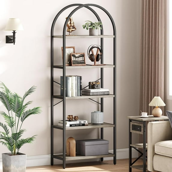 WhizMax 5-Tier Arched Bookshelf, Tall Metal Frame Farmhouse Bookcase, Freestanding Display Storage Rack for Living Room & Home Office, Grey