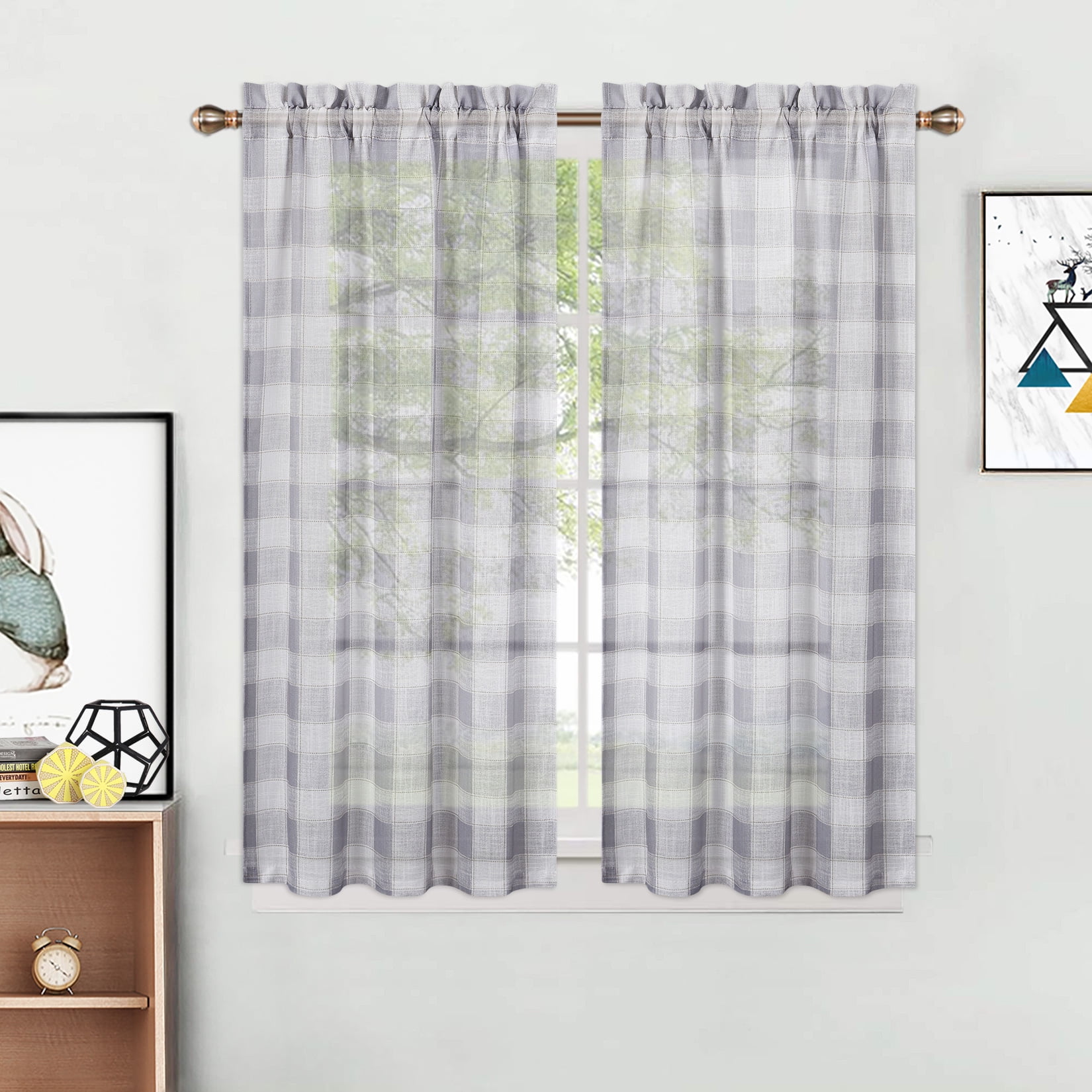 WhizMax Buffalo Plaid Curtains 45 inches Length Farmhouse Semi Sheer