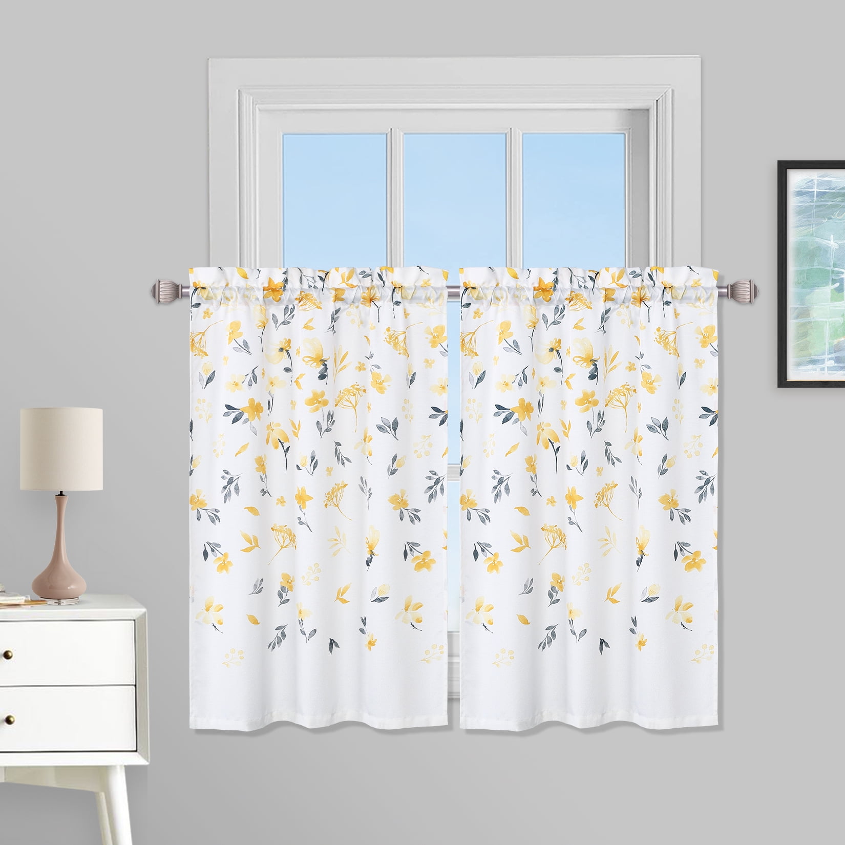 WhizMax Cafe Curtains 36 inches Long Farmhouse Flower Watercolor Floral