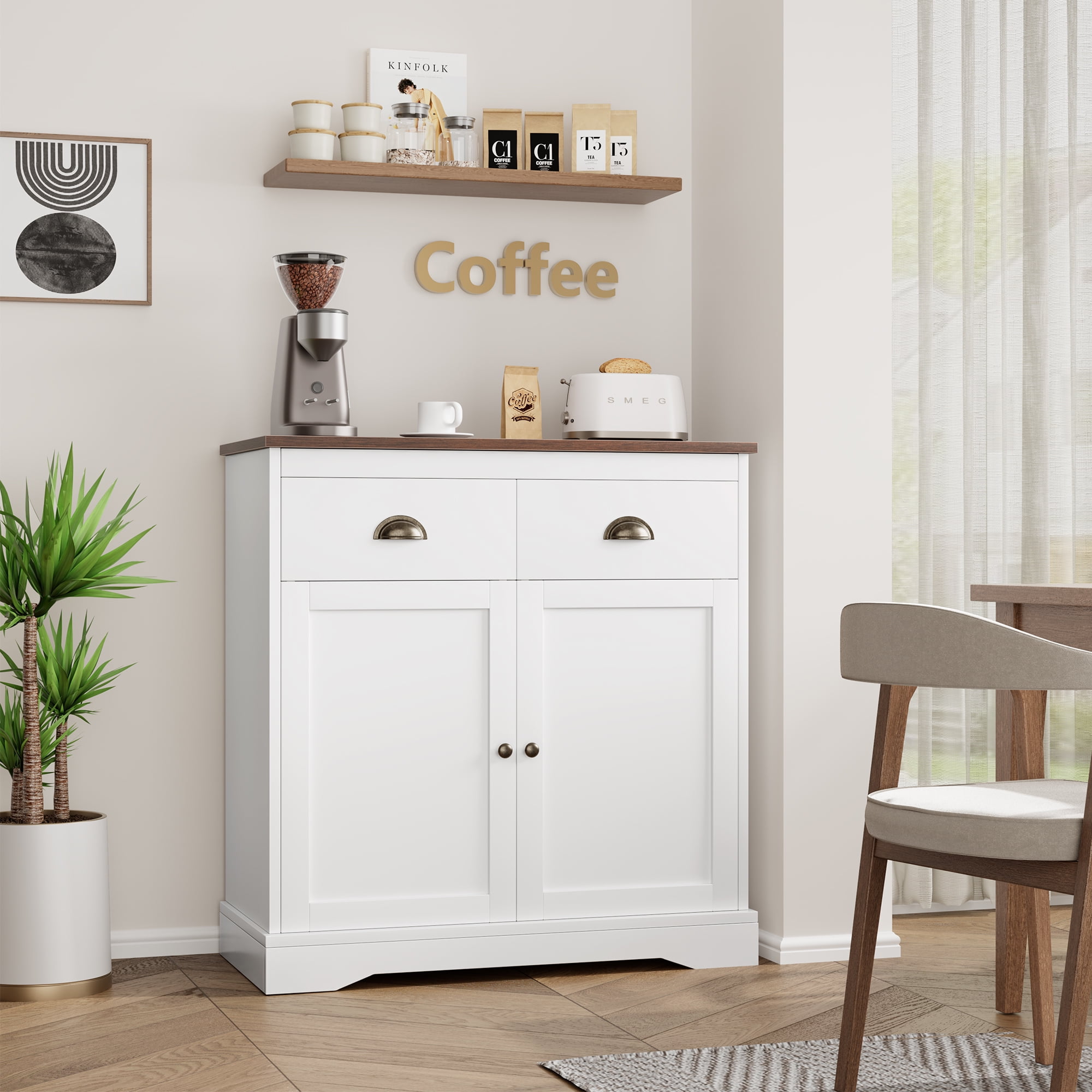 White 2-Drawer Wooden Buffet Cabinet with Dark Brown Top