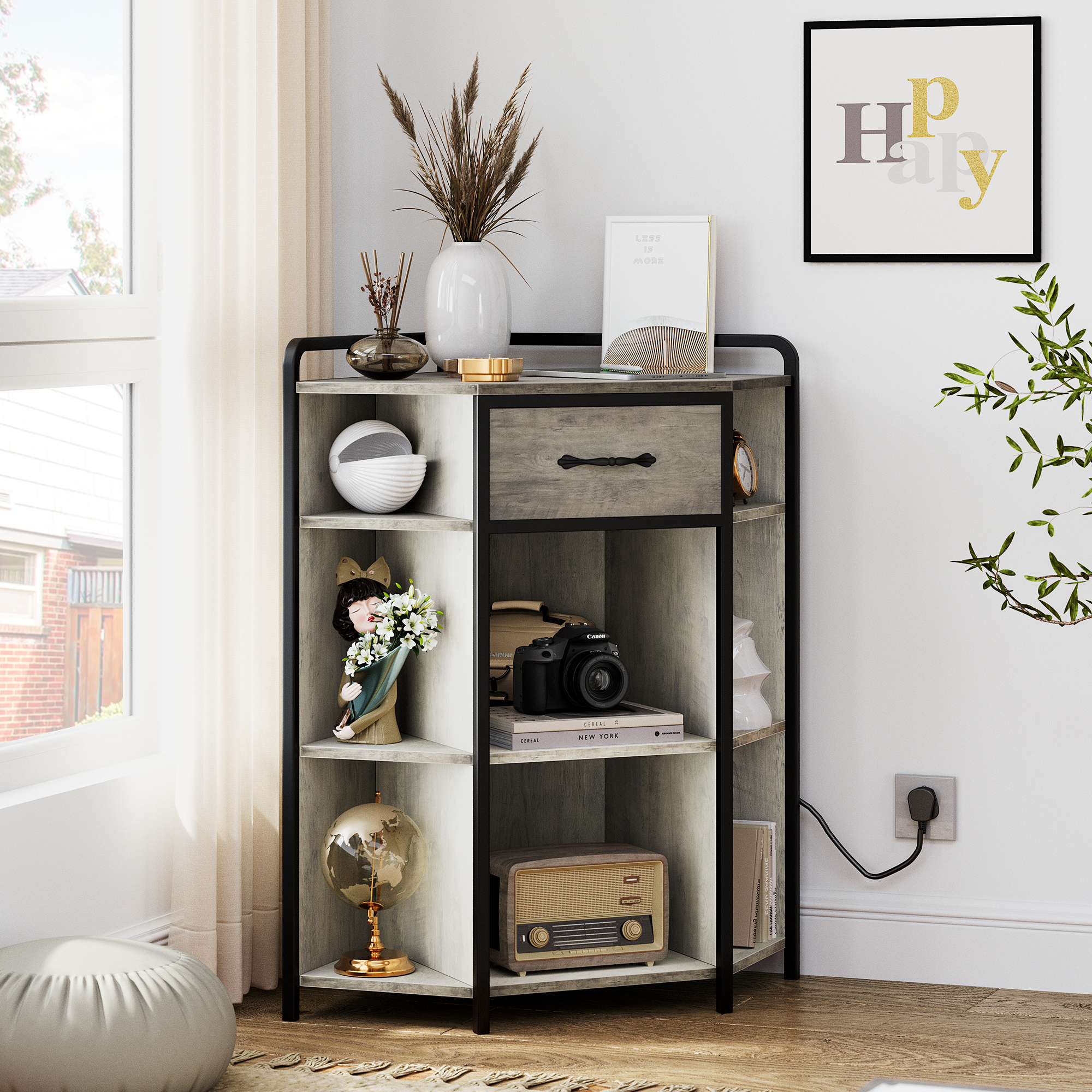 WhizMax Corner with Drawer,Wooden Corner Cube Storage with USB