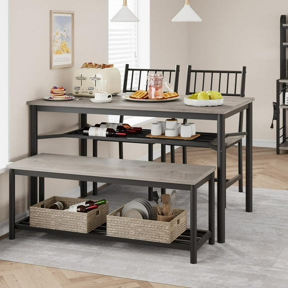 WhizMax Dining Table Set for 4, Kitchen Table and 2 Chairs with Storage Bench, 47.2" Rectangular Kitchen Table Set with Wine Rack, Dining Room Table Set for Small Space, Apartment, Gray