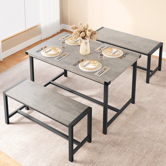 Garvee Dining Table Set for 4, Kitchen Table with Benches, Rectangular Dining Room Table Set with 2 Upholstered Benches, 3 Piece Dining Table Set for Small Space, Apartment, Studio, Retro Gray