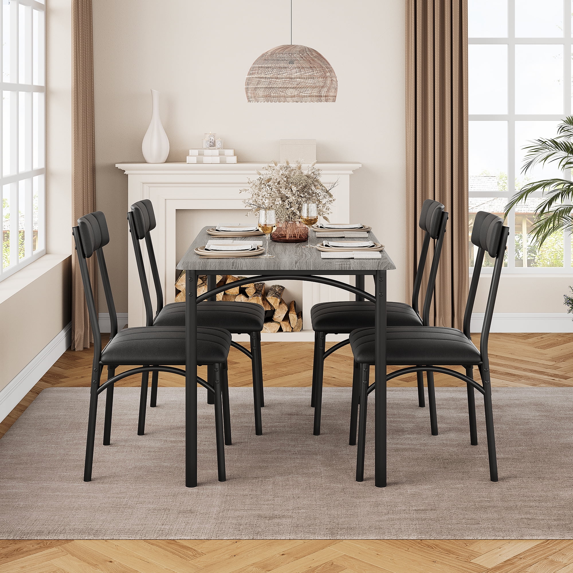 WhizMax Dining Table Set for 4, Kitchen Table and Chairs, Metal and Wood Rectangular Dining Room Table Set with 4 Upholstered Chairs, 5 Piece Dining WhizMax Dining Table Set for 4, Kitchen Table and Chairs, Metal and Wood Rectangular Dining Room Table Set with 4 Upholstered Chairs, 5 Piece Dining
