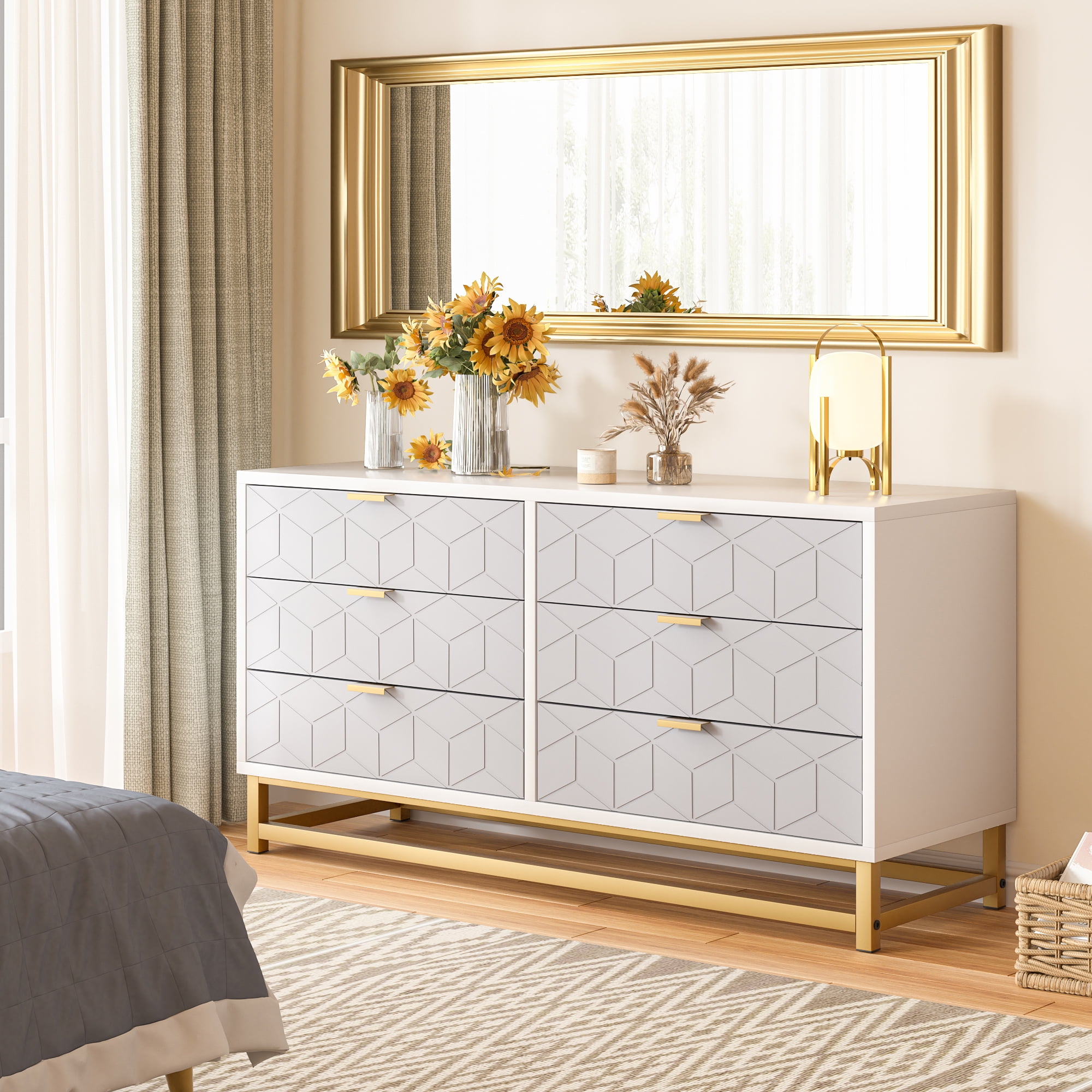 WhizMax Dressers for Bedroom 6 Drawer Gray Nightstand with 6 Drawer Chest of Drawers with Metal Base and Geometric Pattern for Living Room Hallway
