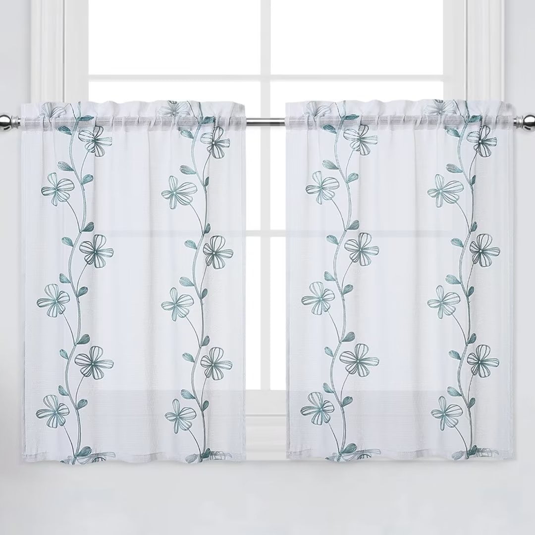 WhizMax Embroidered Sheer Kitchen Curtain for Small Windows Voile Cafe