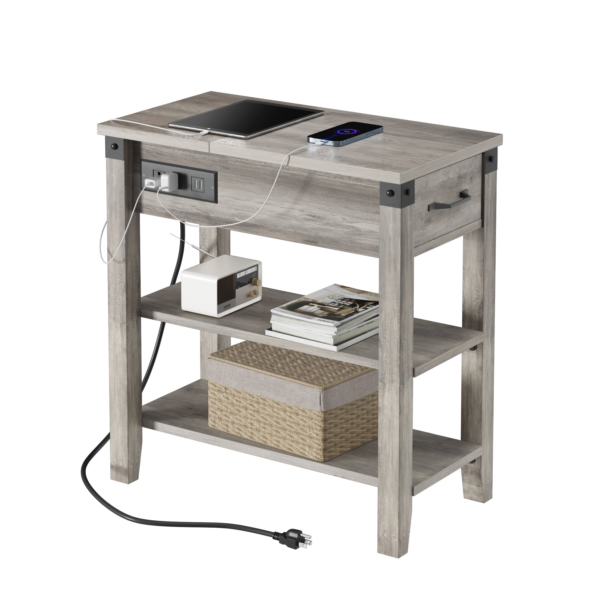 WhizMax End Table with Charging Station, 3-Tier Narrow Side Table with Drawer and Storage End Table Wood Farmhouse Bed Side Table/Night Stand for Living Room Bedroom Office (Rustic Grey)