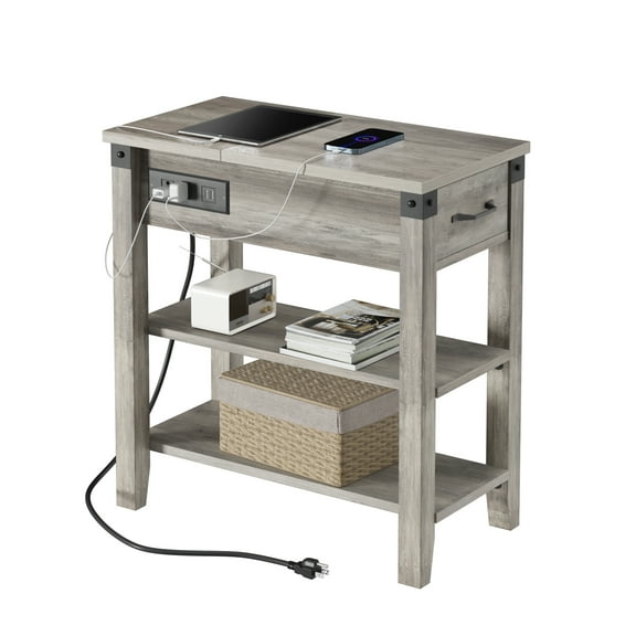 WhizMax End Table with Charging Station, 3-Tier Narrow Side Table with Drawer and Storage End Table Wood Farmhouse Bed Side Table/Night Stand for Living Room Bedroom Office (Rustic Grey)