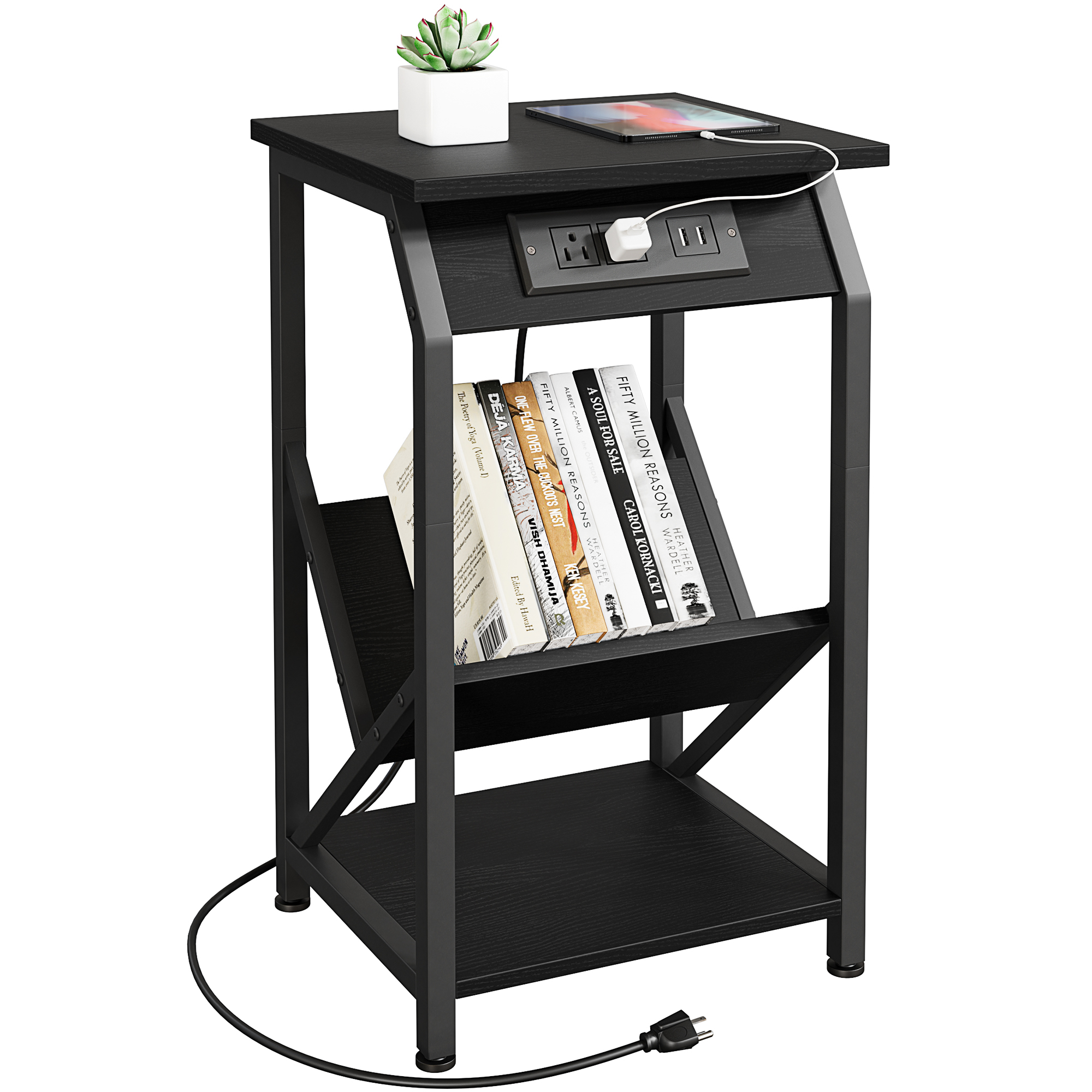 WhizMax End Table with Charging Station, Black Side Table with USB