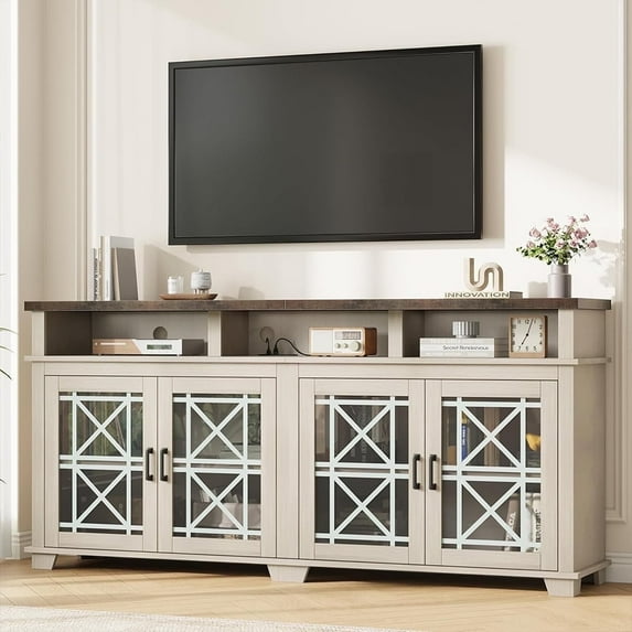 Cabihome TV Stand, Farmhouse Wooden entertainment center for 75 inch with LED Lights and Glass Door, for Home Whitewash