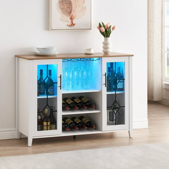 Garvee Farmhouse Wine Bar Cabinet with LED Lights, Coffee Bar Cabinet White with Wine and Glasses Rack, Buffet Sideboard with Storage, Liquor Cabinet for Bar, Kitchen, Dining Room