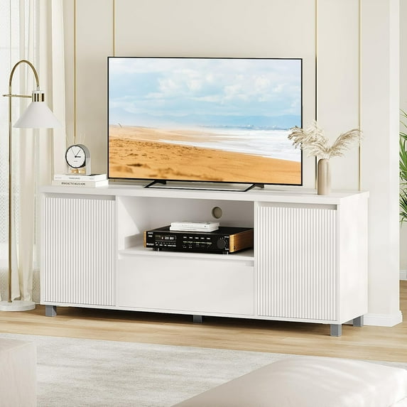 WhizMax Fluted TV Stand, White TV Entertainment Center for 60/65/70 inch TV, Modern TV Console with Drawer and 2 Cabinets, for Living Room, Bedroom