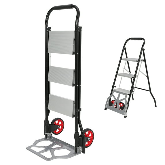 Garvee Folding Hand Truck | 3 Step Ladder | 250 LBS Capacity | Non-Slip Pedal | 2 Wheels | Silver