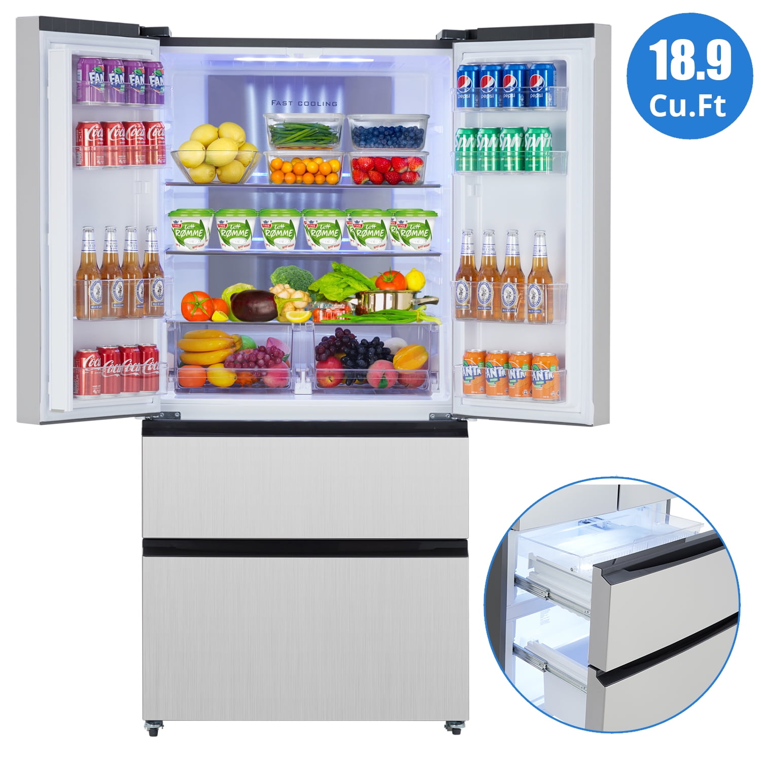 Garvee French Door Refrigerator 18.9 Cu.ft,Large Capacity Stainless Steel Fridge with Freezer,2 Doors & 2 Drawers,Automatic Defrost,LED Display,Silver