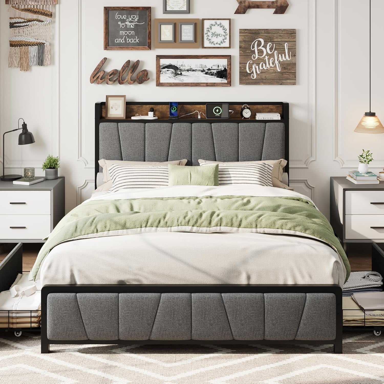 Garvee Full Size Bed Frame with 2 Storage Drawers and Charging Station, Rustic Linen Upholstered Platform Bed Frame with Storage Headboard, No Box Spring Needed, Heavy Duty