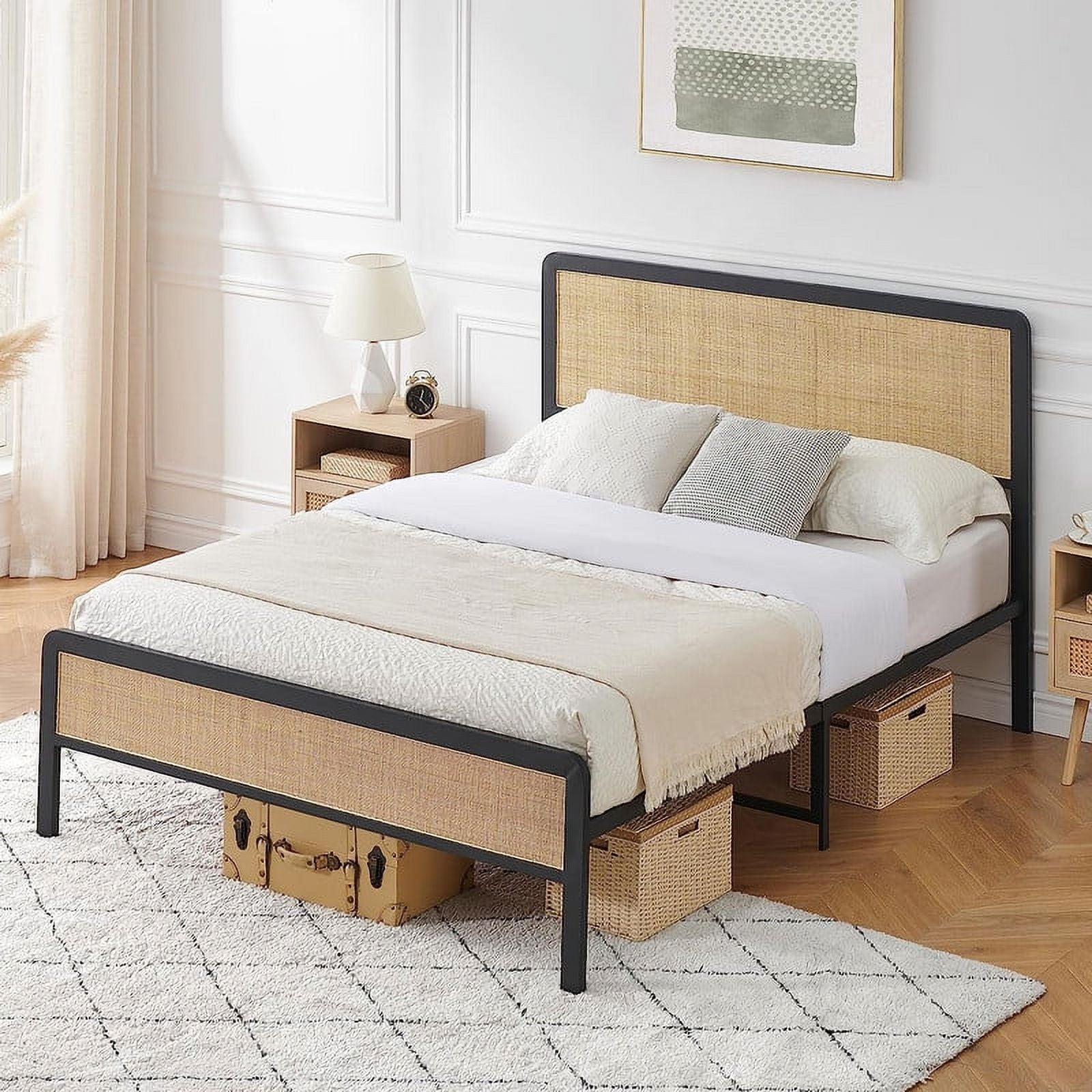 WhizMax Full Size Bed Frame with Rattan Headboard and Footboard Safe Rounded Corners Mattress