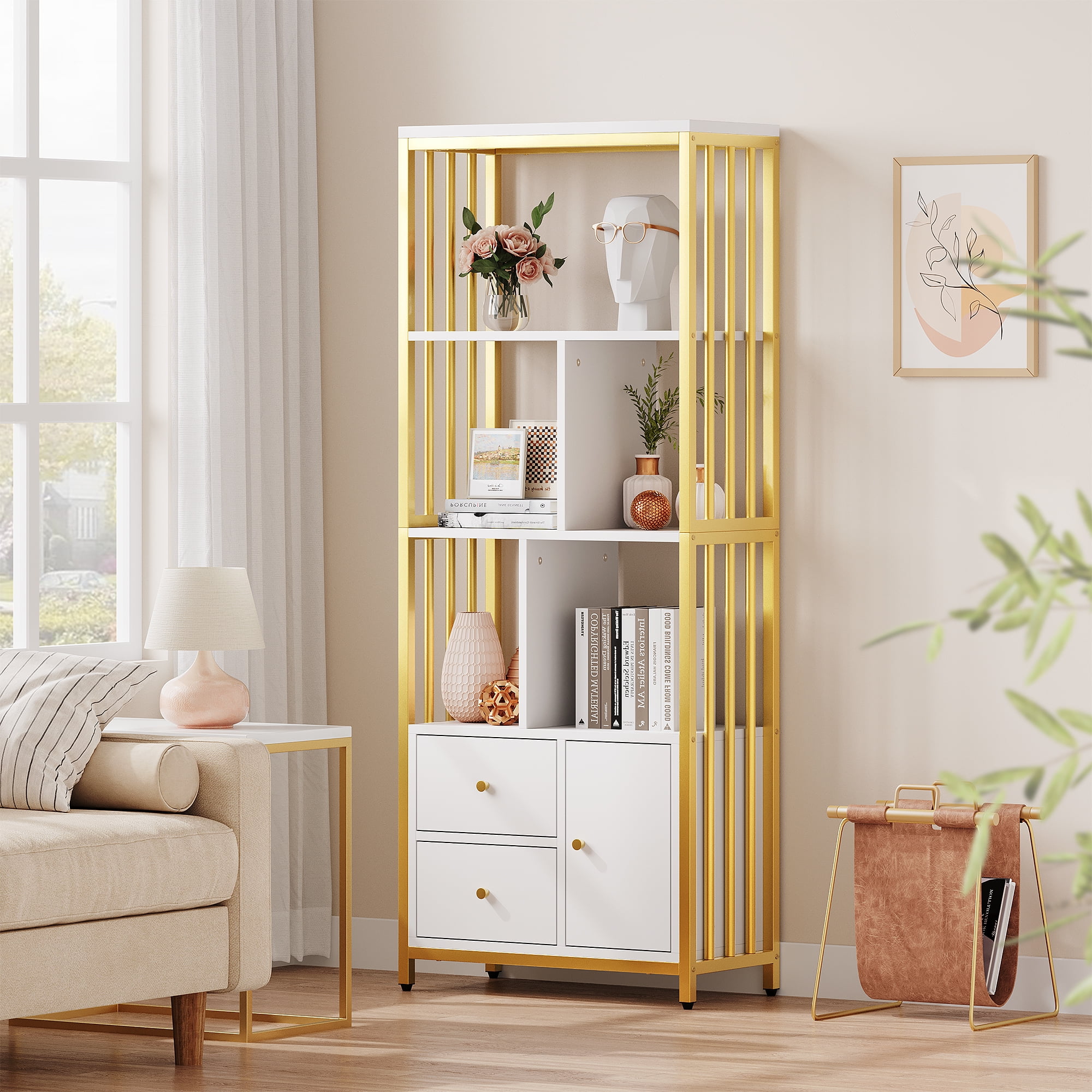 WhizMax Gold Bookshelf with Drawers Modern Bookcase Storage Rack Shelf Tall Standing Bookshelves Metal Frame Large Display Racks Book Shelf for