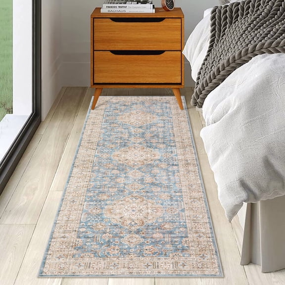 Garvee Hallway Runner Rug 2' x 6' Anti-Skid Persian Distressed Mat Machine Washable Vintage Floral Boho Runners Bedsides Carpet for Laundry, Blue