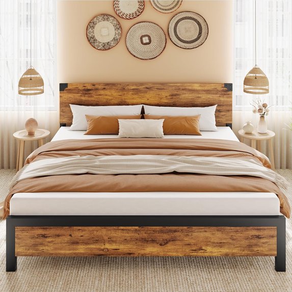 WhizMax King Bed Frame, King Size Bed Frame with Wood Headboard, King Platform Bed Frame with Metal Legs, Noise Free, No Box Spring Needed, Easy Assembly-Rustic Brown