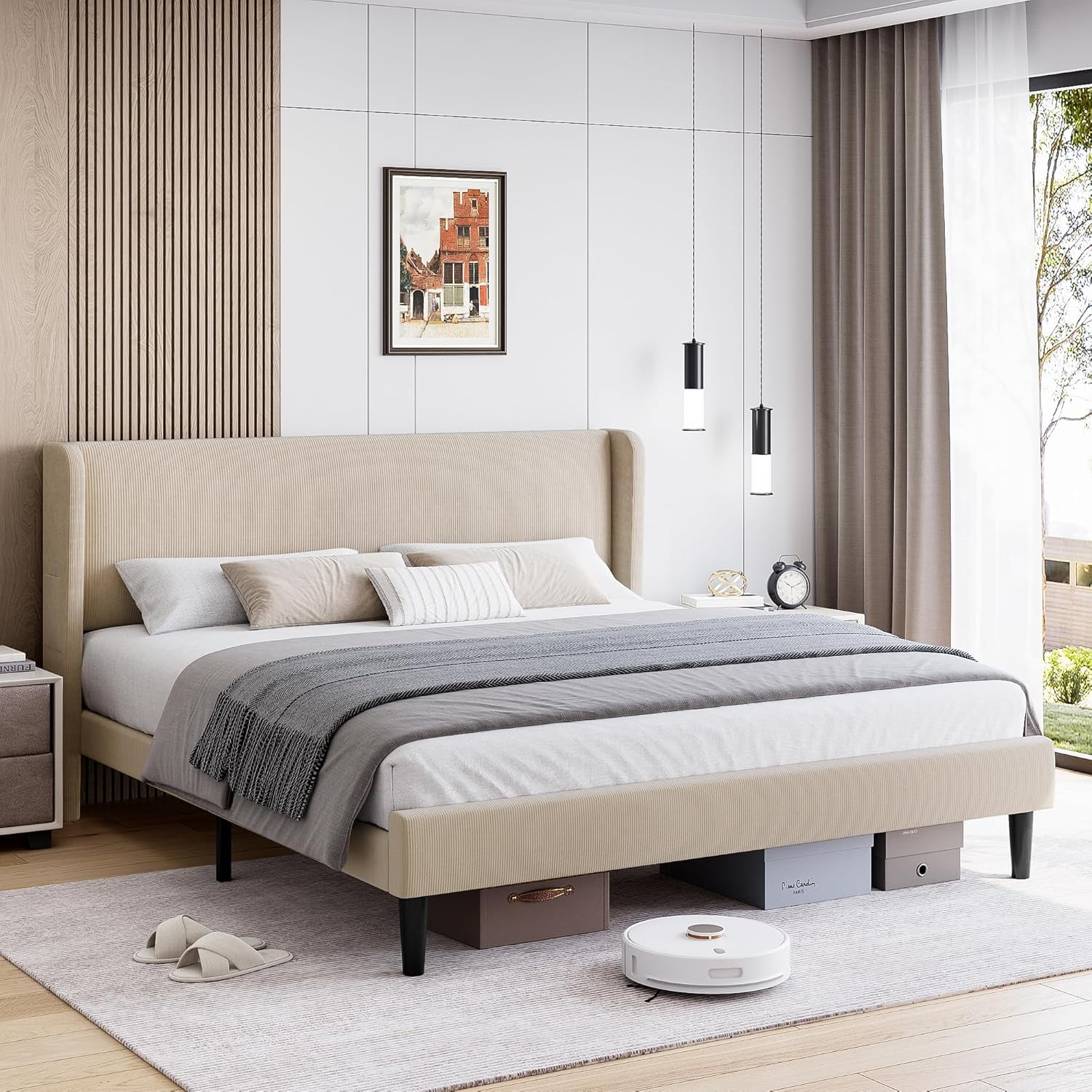 WhizMax King Size Bed Frame with Wingback Headboard, Beige Vertical — free download