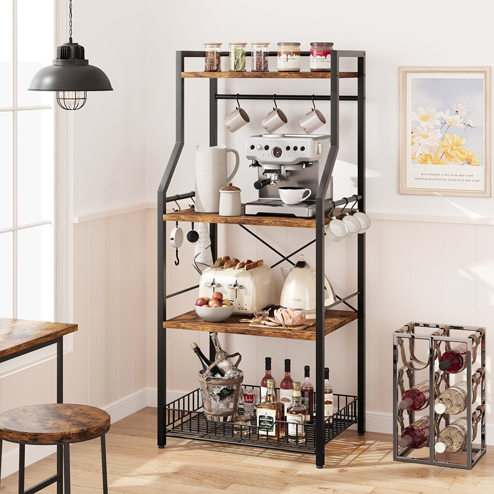 WhizMax Kitchen Bakers Rack, Microwave Oven Stand with Large Wire Basket, Industrial Coffee Bar Station, 4-Tier Kitchen Utility Storage Shelf with 8 Hooks for Spice, Pots Organizer, Rustic Brown